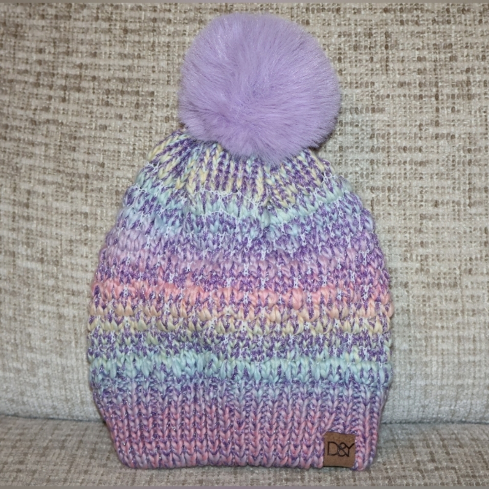 David and Young Kids' Pastel Knitted Pom Pom Beanie in Lavender & Rainbow.